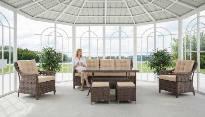 Muebles de jardín, conjunto de sofá, mesa, sillón, grupo de asientos, porche, taburete, juego de 6 piezas.