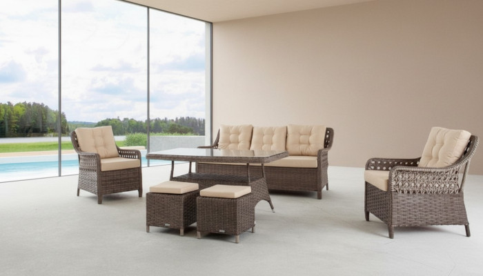 Muebles de jardín, conjunto de sofá, mesa, sillón, grupo de asientos, porche, taburete, juego de 6 piezas.
