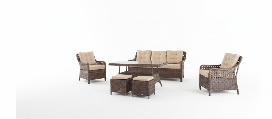 Muebles de jardín, conjunto de sofá, mesa, sillón, grupo de asientos, porche, taburete, juego de 6 piezas.