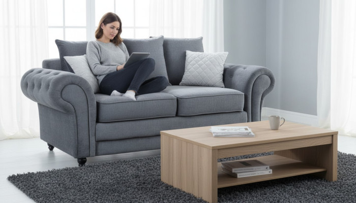Sofá Chesterfield gris tapizado en tela muebles de dos plazas.