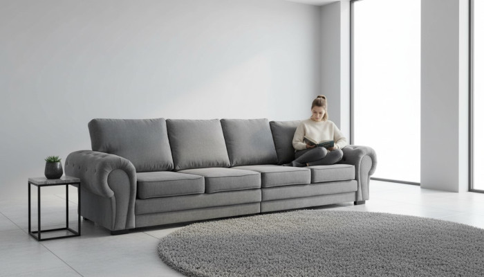 Sofá clásico de cuatro plazas Tapizado de muebles en gris Cómodo sofá de tela