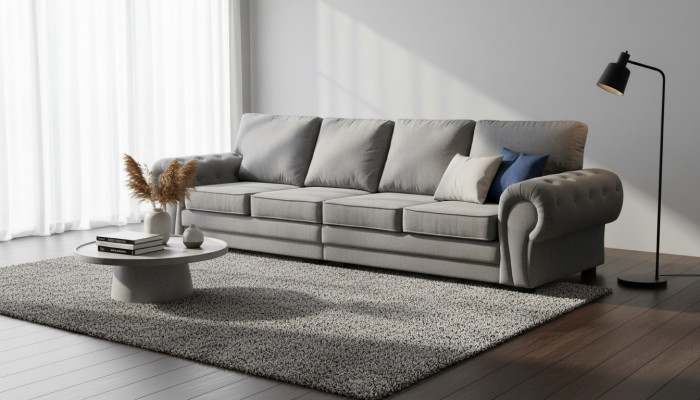 Sofá clásico de cuatro plazas Tapizado de muebles en gris Cómodo sofá de tela