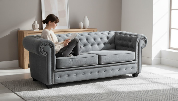 Sofá Chesterfield gris tapizado muebles de dos plazas sofás tela textil