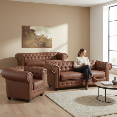 Sofá Chesterfield 3+2+1 Sala de estar Muebles Conjunto de sofás Tela Textil