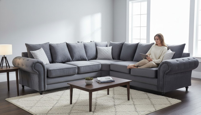 Sofá esquinero moderno estilo sofá gris tapizado tela muebles en forma de L_Couches