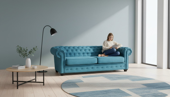 Sofá de tres plazas, tela turquesa, muebles tapizados, decoración sofás, sofás.