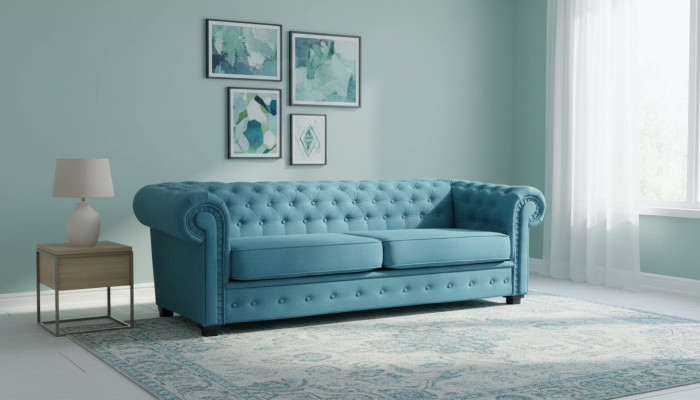 Sofá de tres plazas, tela turquesa, muebles tapizados, decoración sofás, sofás.