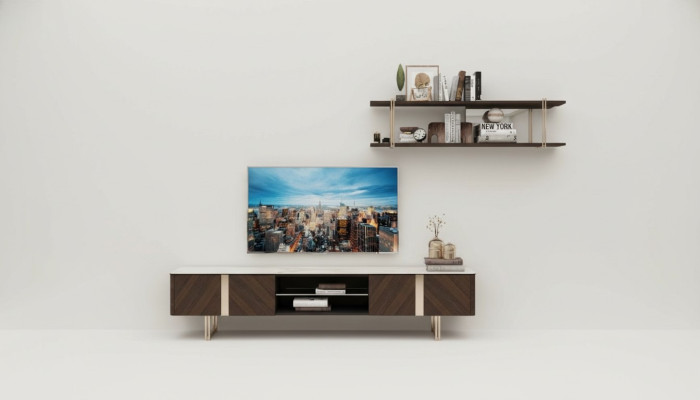 Moderna pared de sala de estar estante de armario estantes para TV marrón.