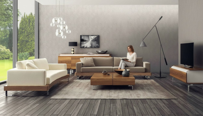 Sofá moderno de tres plazas, conjunto de sala de estar, sofá tapizado con estructura de madera.
