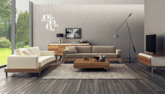 Sofá moderno de tres plazas, conjunto de sala de estar, sofá tapizado con estructura de madera.