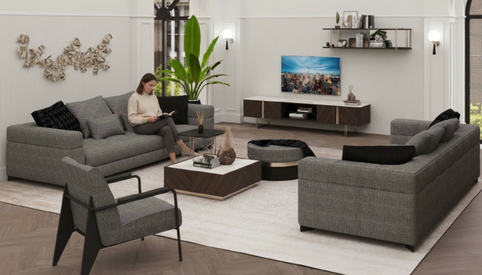 Sofá gris conjunto de tres plazas de dos plazas silla conjunto de sala de estar nuevo.