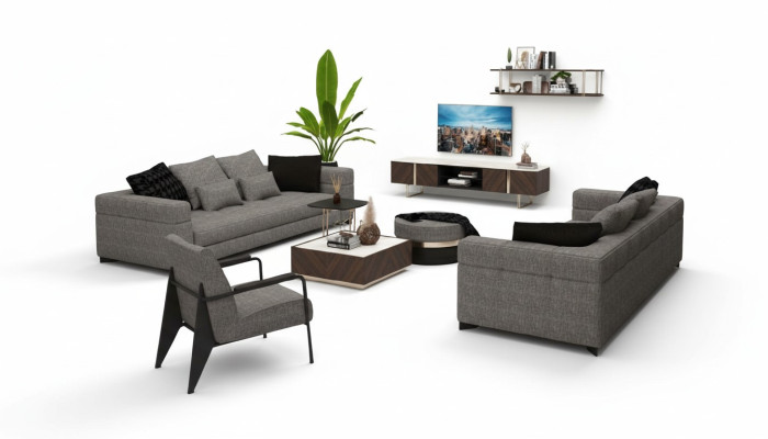 Sillón gris con patas de acero inoxidable. Muebles de salón modernos. Sillón sofá.