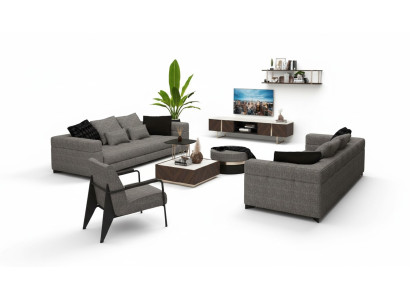Sillón gris con patas de acero inoxidable. Muebles de salón modernos. Sillón sofá.