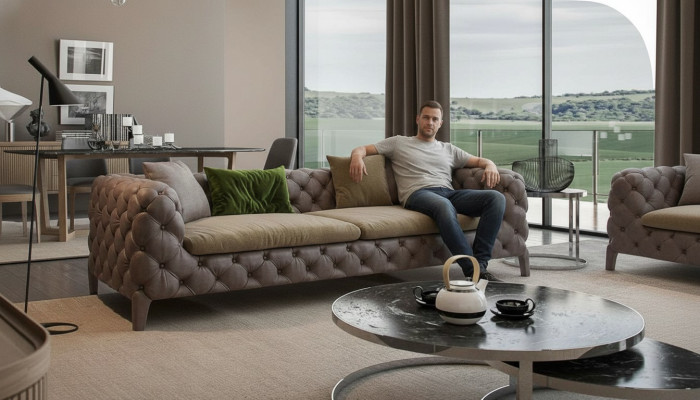Chesterfield de cuatro plazas en color topo Sofá moderno Muebles de salón modernos Nuevos