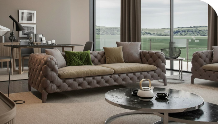 Chesterfield de cuatro plazas en color topo Sofá moderno Muebles de salón modernos Nuevos