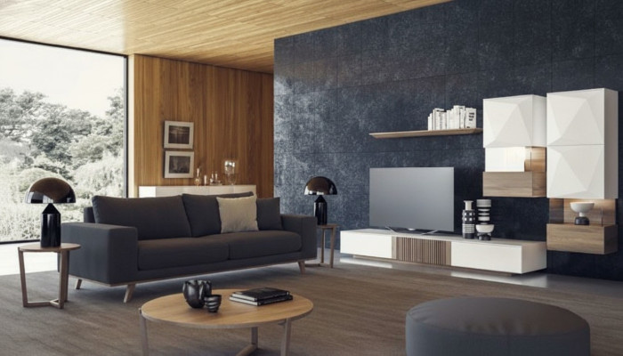 Sofá de salón gris de lujo de tres plazas estilo moderno con tapizado.