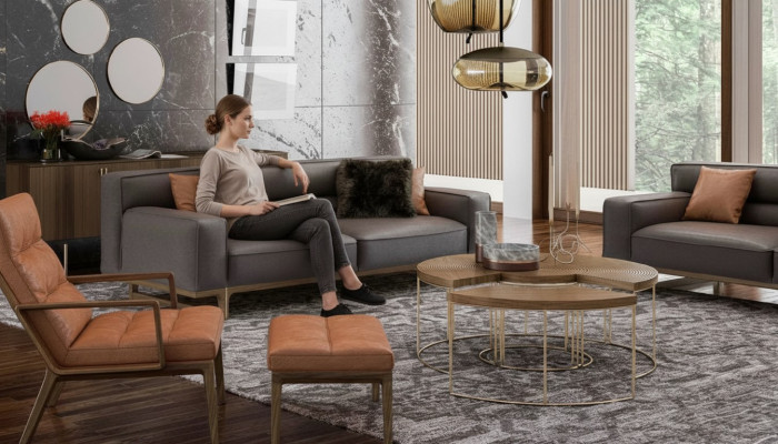 Conjunto de sala de estar marrón Lujoso sofá de 3 plazas Sillón Stivloller Reposapiés tapizado