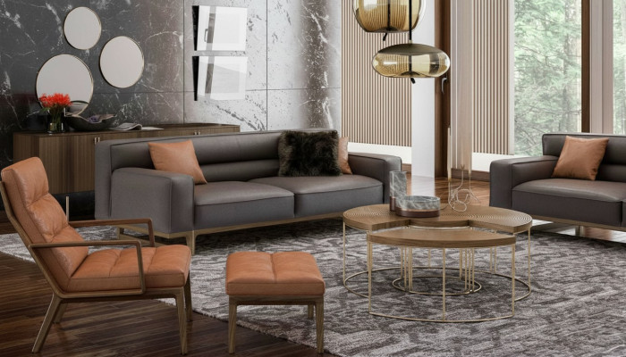 Conjunto de sala de estar marrón Lujoso sofá de 3 plazas Sillón Stivloller Reposapiés tapizado