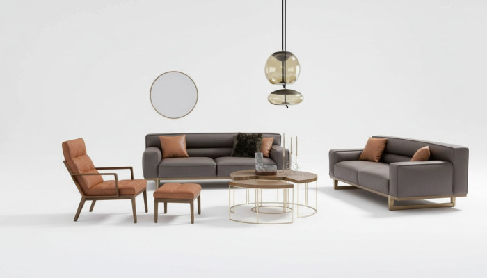 Conjunto de sala de estar marrón Lujoso sofá de 3 plazas Sillón Stivloller Reposapiés tapizado