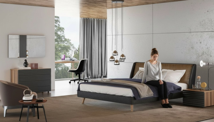 Juego de dormitorio, estructura de la cama, mesitas de noche, cómoda, espejo, muebles de madera.