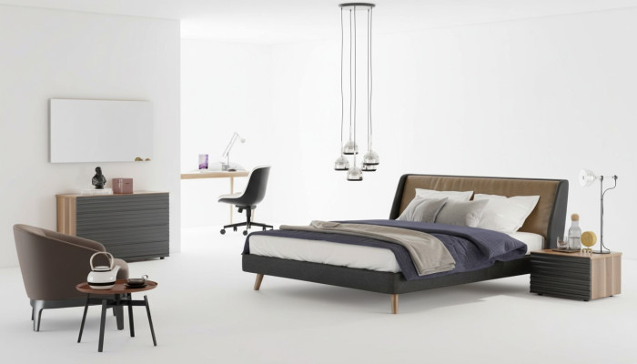 Juego de dormitorio, estructura de la cama, mesitas de noche, cómoda, espejo, muebles de madera.