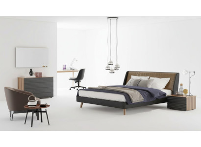 Juego de dormitorio, estructura de la cama, mesitas de noche, cómoda, espejo, muebles de madera.