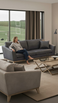 Sofá de tres plazas gris con armazón de madera, diseño moderno de lujo para la sala de estar nuevo.
