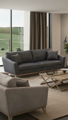 Sofá de tres plazas gris con armazón de madera, diseño moderno de lujo para la sala de estar nuevo.
