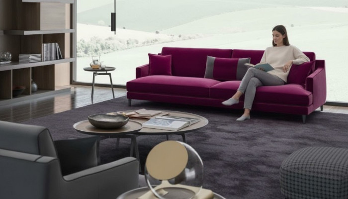 Rosa sofá moderno de tres plazas, sofás de salón, muebles de estilo de lujo.