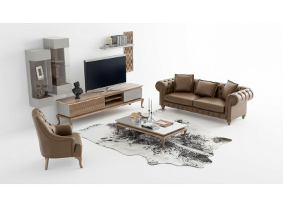 Conjunto de sofá de lujo Chesterfield marrón moderno de tres plazas en tela