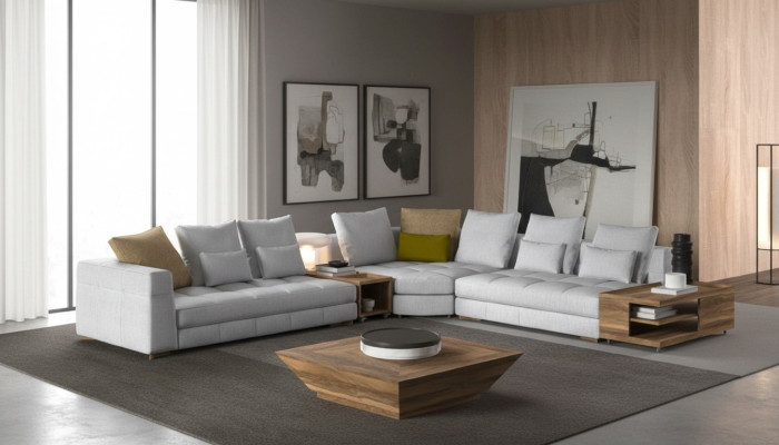 Conjunto de sofás de esquina blancos Sofá de tela Sofás de lujo en forma de L Conjunto nuevo