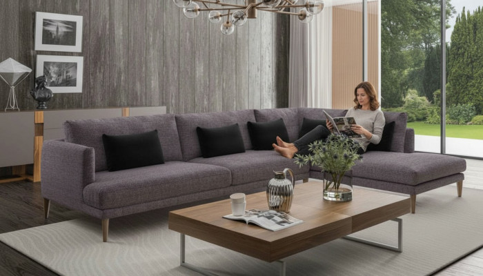 Conjunto de sofás en forma de L, textiles, muebles modernos para el hogar.
