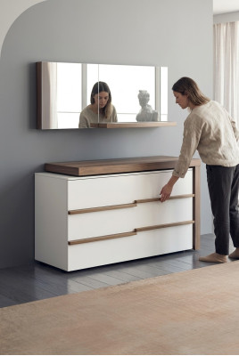 Cómoda de lujo blanca con espejo diseño moderno de nogal natural nuevo.