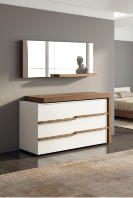 Cómoda de lujo blanca con espejo diseño moderno de nogal natural nuevo.