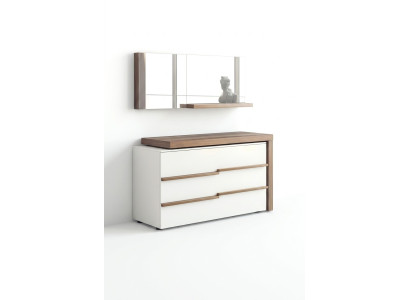 Cómoda de lujo blanca con espejo diseño moderno de nogal natural nuevo.