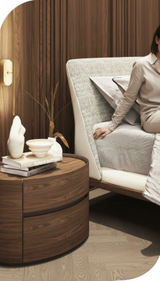 Mesa de noche de madera de diseñador. Diseño moderno. Muebles de dormitorio de madera maciza.
