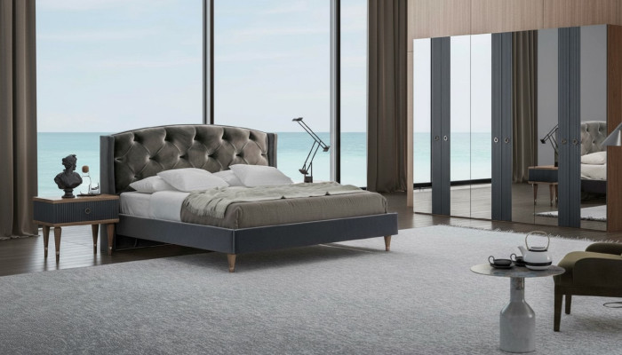 Conjunto de dormitorio Chesterfield moderno, cama doble de diseño, mesitas de noche.