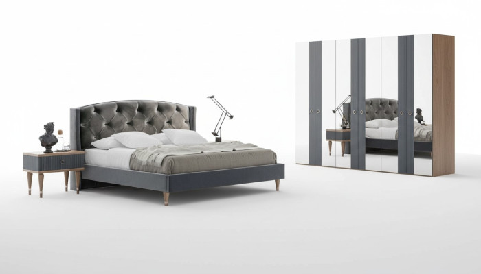 Conjunto de dormitorio Chesterfield moderno, cama doble de diseño, mesitas de noche.