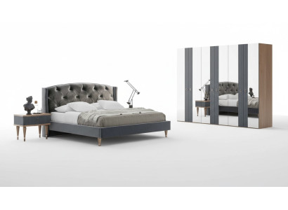 Conjunto de dormitorio Chesterfield moderno, cama doble de diseño, mesitas de noche.
