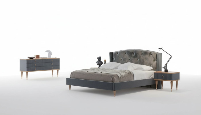 Juego de dormitorio gris de lujo con cama doble, 2 mesitas de noche y cómoda.