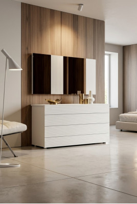 Blanca cómoda de lujo diseñada con espejo, 4 cajones, muebles de madera nuevos.