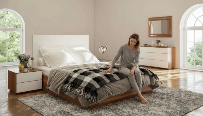 Juego de dormitorio blanco y marrón con muebles de madera de lujo: cama, mesillas de noche, cómoda.