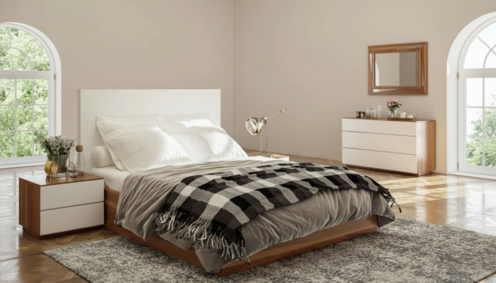 Juego de dormitorio blanco y marrón con muebles de madera de lujo: cama, mesillas de noche, cómoda.