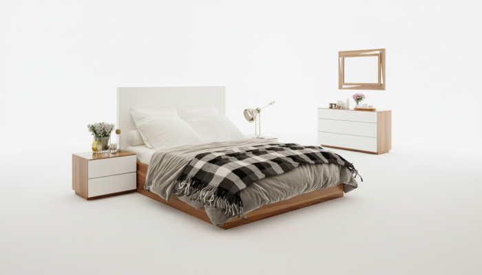 Juego de dormitorio blanco y marrón con muebles de madera de lujo: cama, mesillas de noche, cómoda.