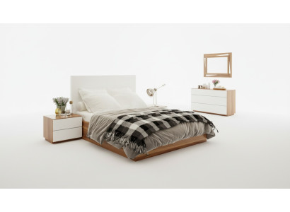 Juego de dormitorio blanco y marrón con muebles de madera de lujo: cama, mesillas de noche, cómoda.