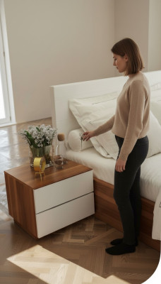 Mesita de noche marrón para dormitorio moderno de madera maciza, nuevo.