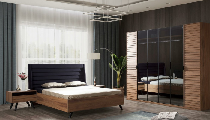 Estructura de cama en negro y marrón para cama doble, muebles de dormitorio, cama de diseñador.