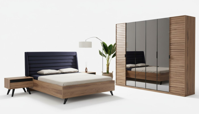 Estructura de cama en negro y marrón para cama doble, muebles de dormitorio, cama de diseñador.