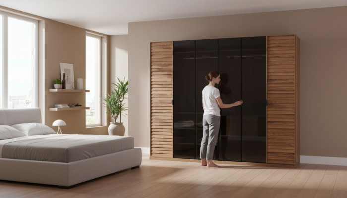Armario con puertas correderas de cristal, muebles de dormitorio, espejo marrón.