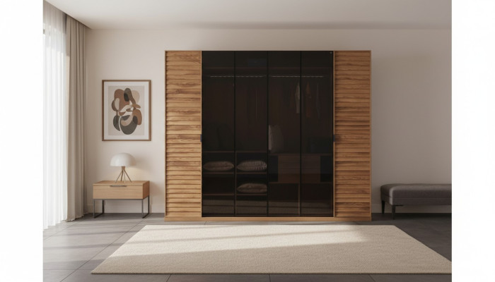 Armario con puertas correderas de cristal, muebles de dormitorio, espejo marrón.